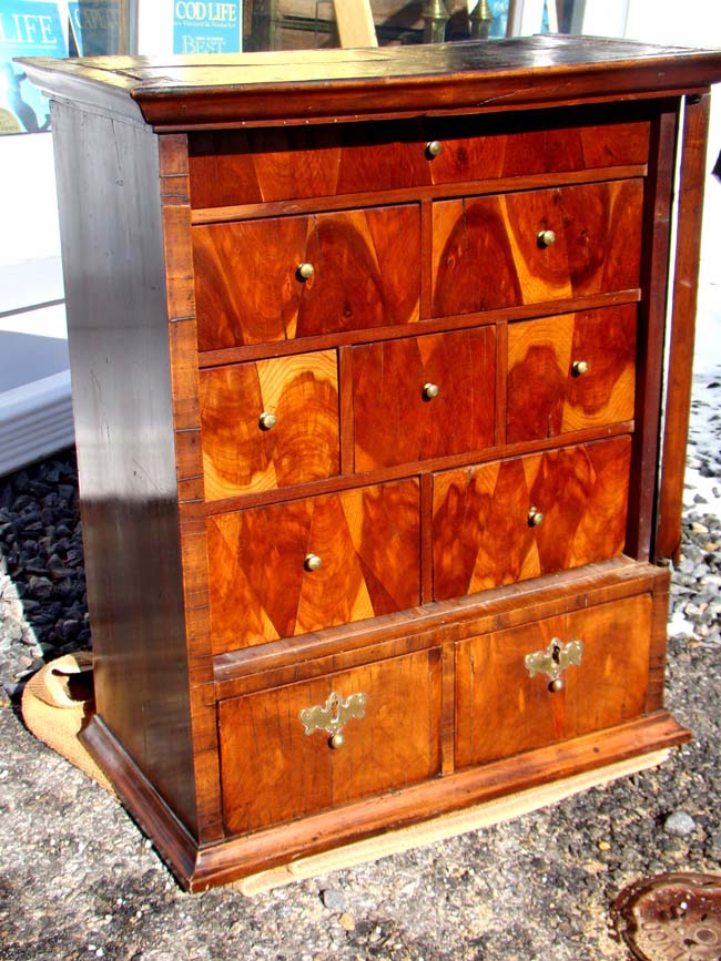 A fabulous English Queen Anne Period plumwood spice cabinet with inscription circa 1710 — image 3